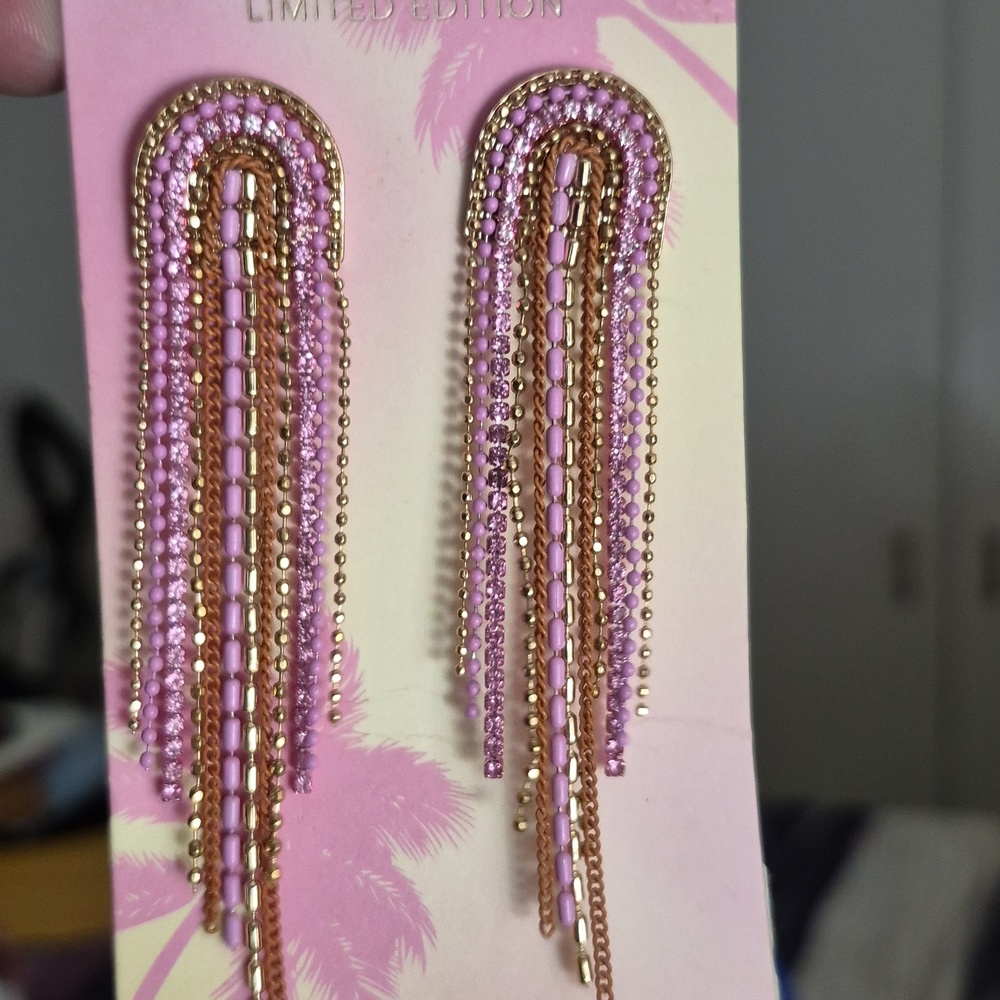 Iam hanging pink, Rose Multi chain link beaded dangle  earrings New